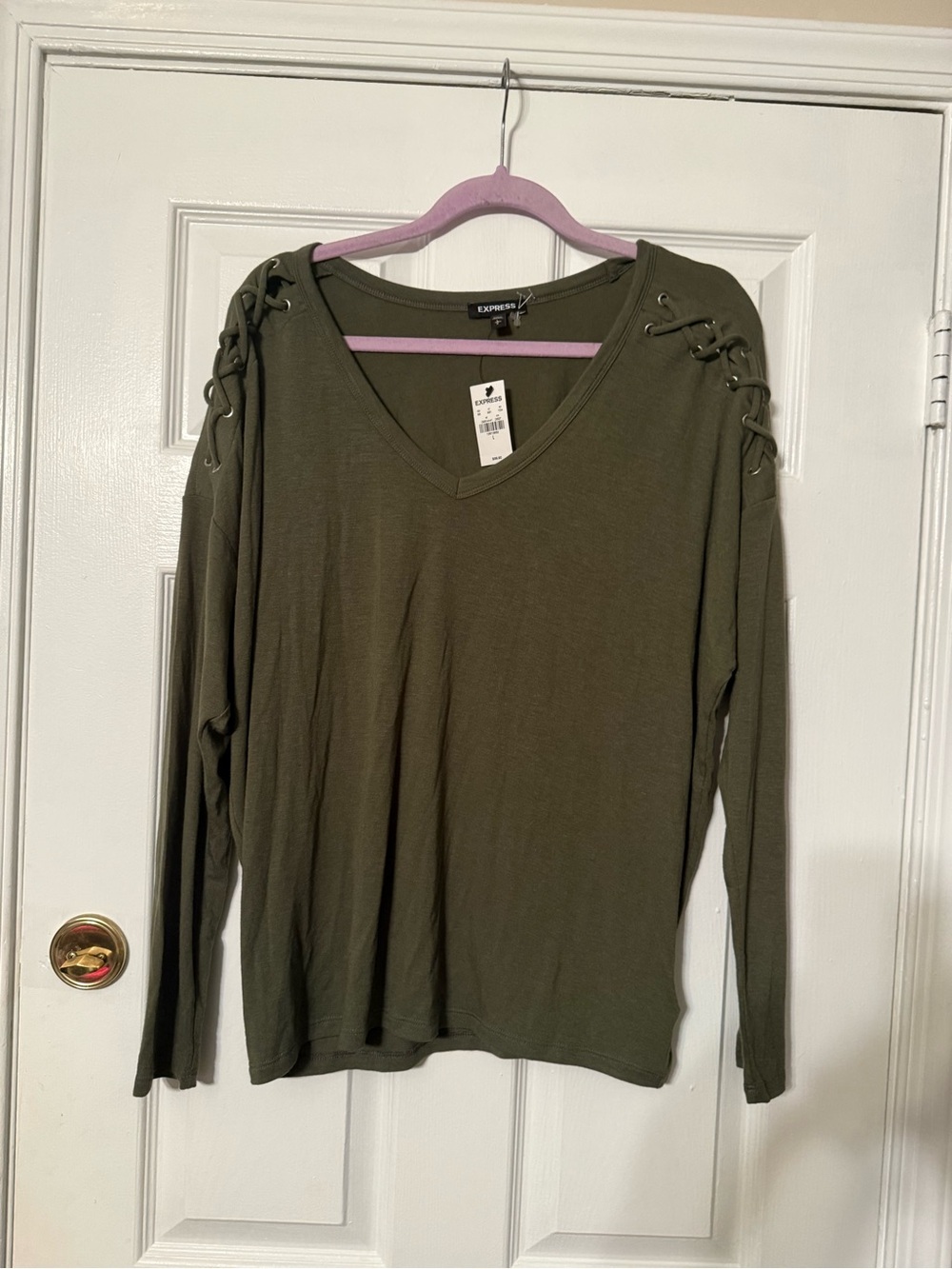 Express Olive Green Long Sleeve V-Neck Top with Lace-Up Shoulders